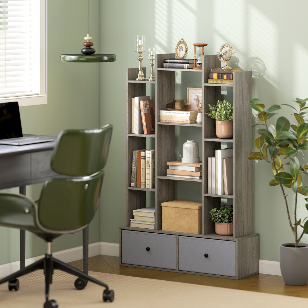 Homcom 12-Tier Bookshelf, Bookcase W/ 2 Folding Drawer, Graphite Wood Effect