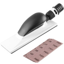 Praktisch schuurblok met handvat en stofafzuiging voor schuurbanden van 70x200 mm, voor handmatig schuren zonder gips, inclusief 5 schuurvellen.