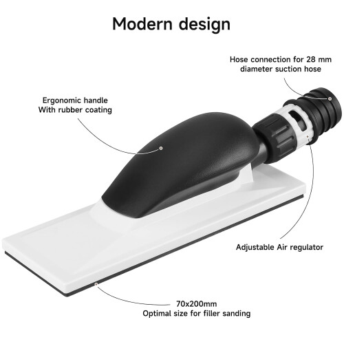 Practical sanding block with handle and dust extraction for 70x200mm sanding belts, for hand sanding without plaster, comes with 5 mesh sanding sheets 1