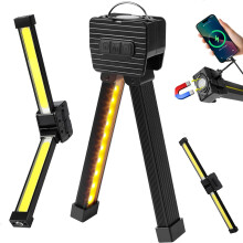 Draagbare magnetische LED-zaklamp met ophanghaak, 7 dimstanden en 180 graden inklapbaar, plus oplaadbare USB-powerbank voor op de camping.