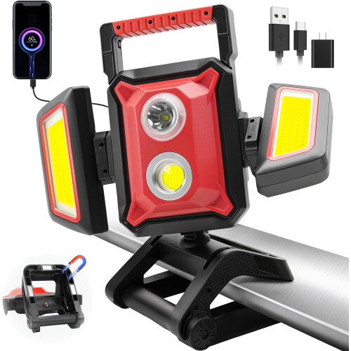 Rechargeable work light, 4000LM magnetic work light - Clamp/tripod mount, 5-mode portable wireless floodlight