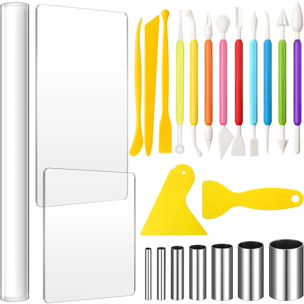 24-Piece Clay Sculpting Tool Kits: Diy Polymer Clay Tools With Roller, Acrylic Sheet, Razor Holder Board, Round Circle Cutter, Shaping Tool 756594256902