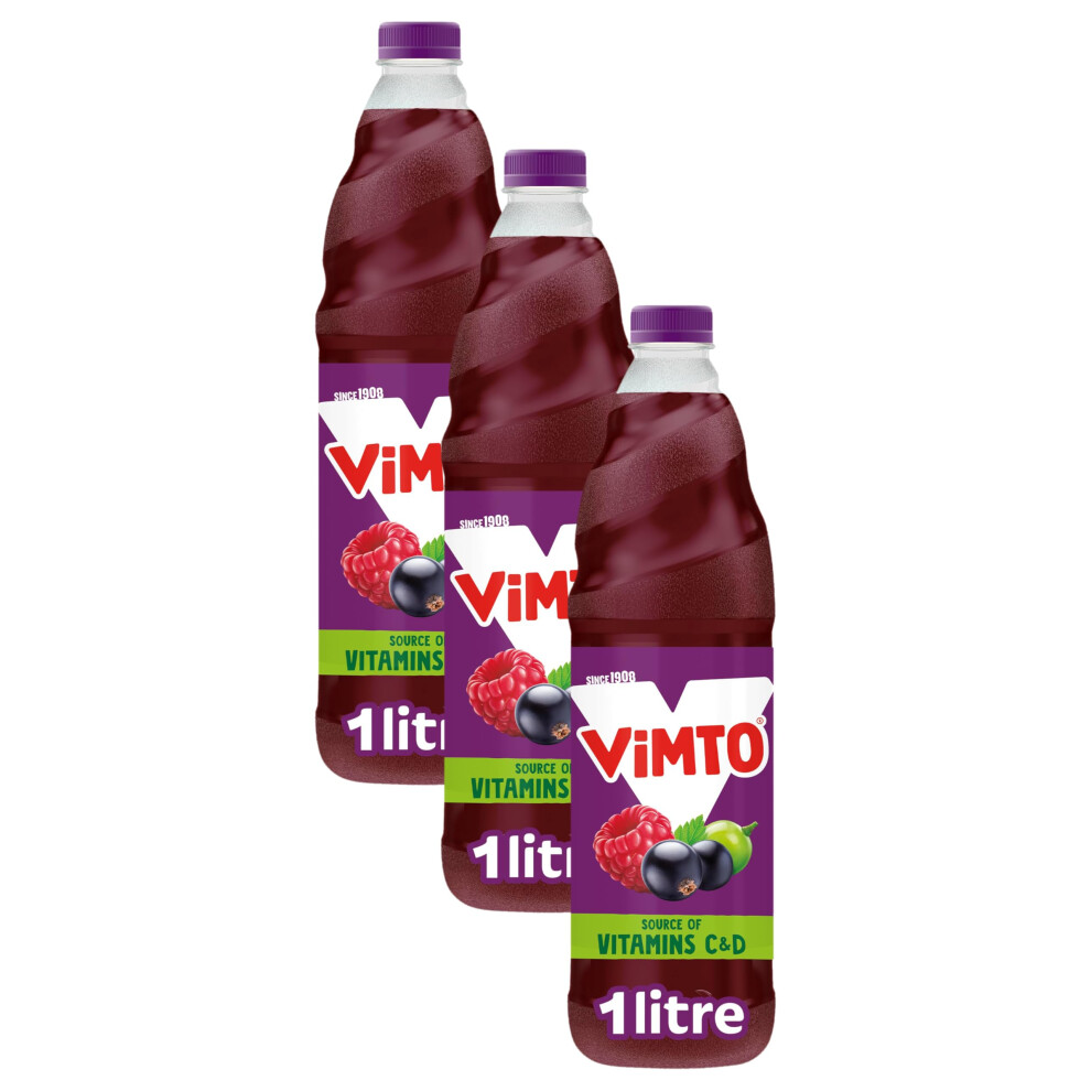 Vimto Real Fruit Squash Original Mixed Fruit Juice Cordial Drink, Blackcurrant, Grape & Raspberry, 1 Litre Bottle (Pack Of 3)