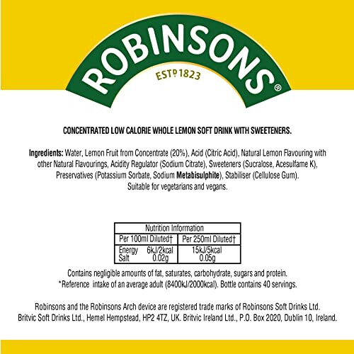 Robinsons Double Strength Lemon No Added Sugar Squash 175L 1