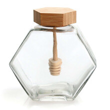 Hexagon Glass Honey Jar with Lid and Wooden Dipper, Clear 13oz Pot Keeps Honey Fresh for Kitchen