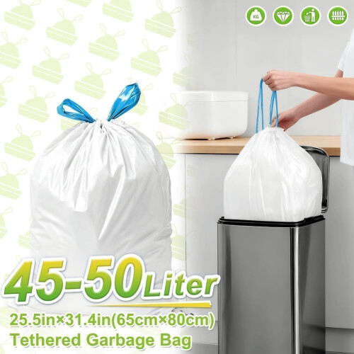 AOSULI Bin Liners 4550L White Bin Bags with Tie Handle Drawstring Rubbish B 2