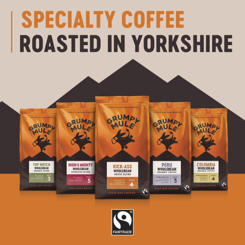 Grumpy Mule High and Mighty Espresso Blend Whole Coffee Beans with notes of 2