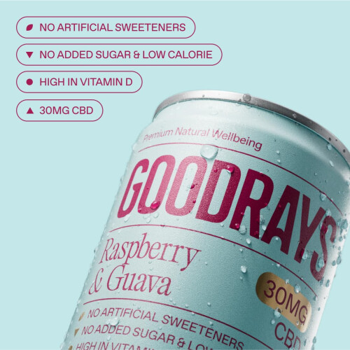 GOODRAYS CBD Drinks Sparkling Low Calorie Soft Drink Vegan Raspberry  Guava 2
