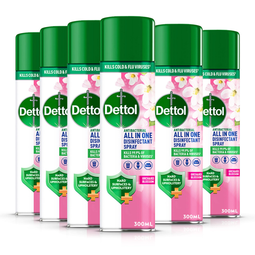 Photos - Other Household Chemicals Dettol All In One Disinfectant Spray, Orchard Blossom, 6 x 300 ml Multipack, Fresh Pet & Shoe Sanitiser, Sofa Cleaner, Antib 