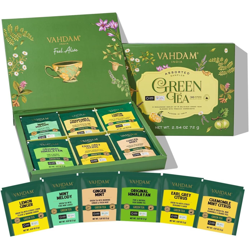 Vahdam Tea Variety Pack Sampler Assortment 36 Pyramid Tea Bags 6 Flav Green