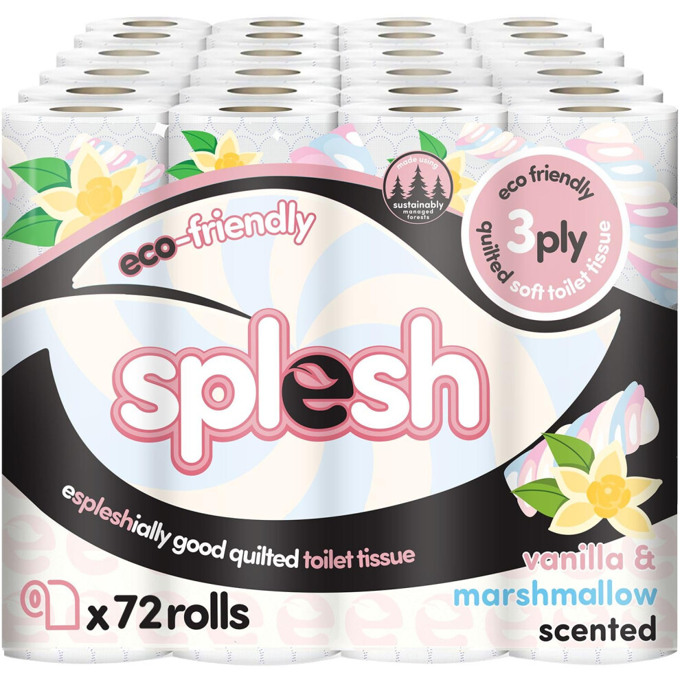 Cusheen Splesh By 3-Ply Toilet Roll - Vanilla & Marshmallow Scented (72 Rolls) Bulk Buy, Quilted Toilet Rolls, Soft And Strong Toilet Tissue And Loo White