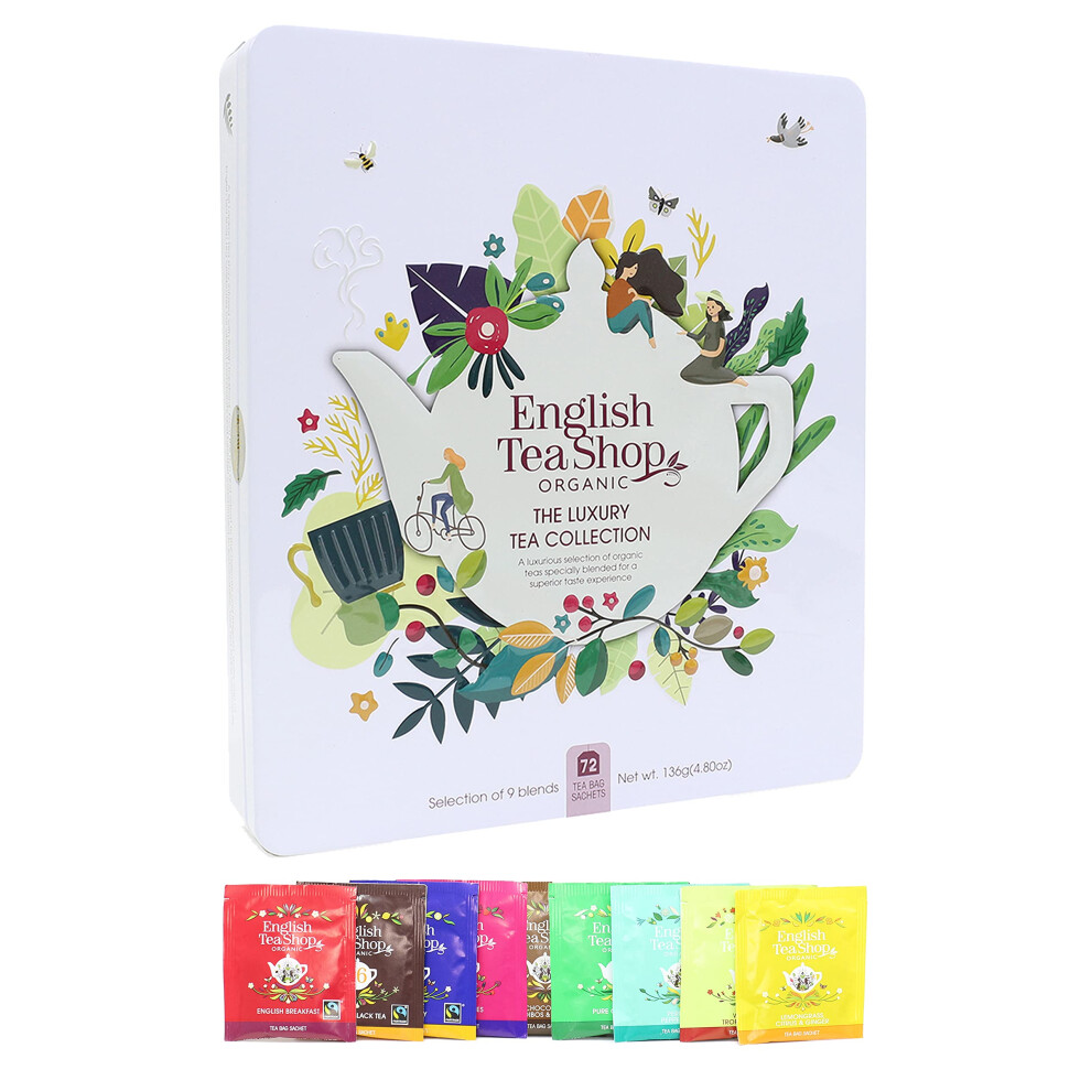 English Tea Shop Organic Luxury Gift Tin 72 Tea Bag Sachets 6 Different F