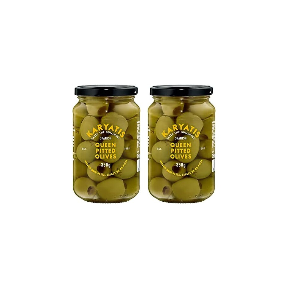 Karyatis Spanish Green Queen Olives In Brine Glass Jar 350 G Pack Of 2