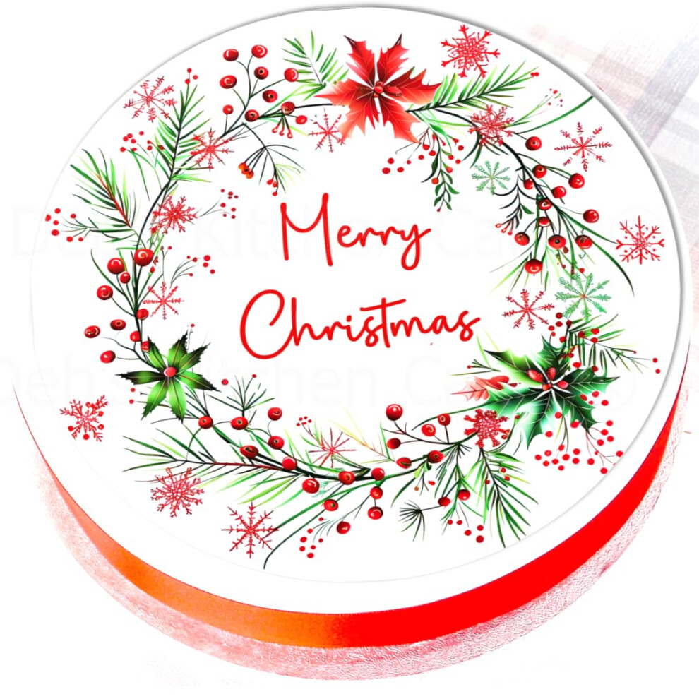 Debs Kitchen Cakes Christmas Cake Topper Merry Christmas Wreath Cake Decoration Edible Icing