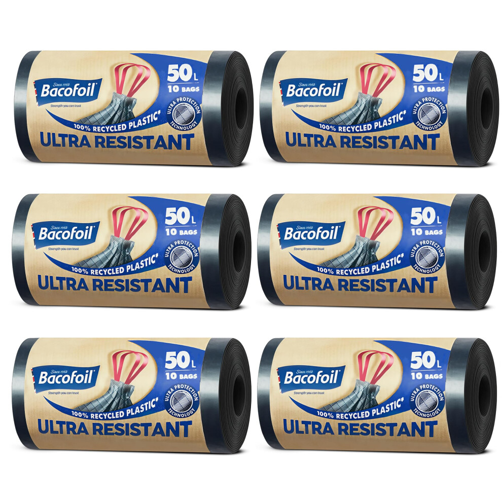 Bacofoil Ultra Resistant Bin Liners With Drawstring Handles 50L Leakproof