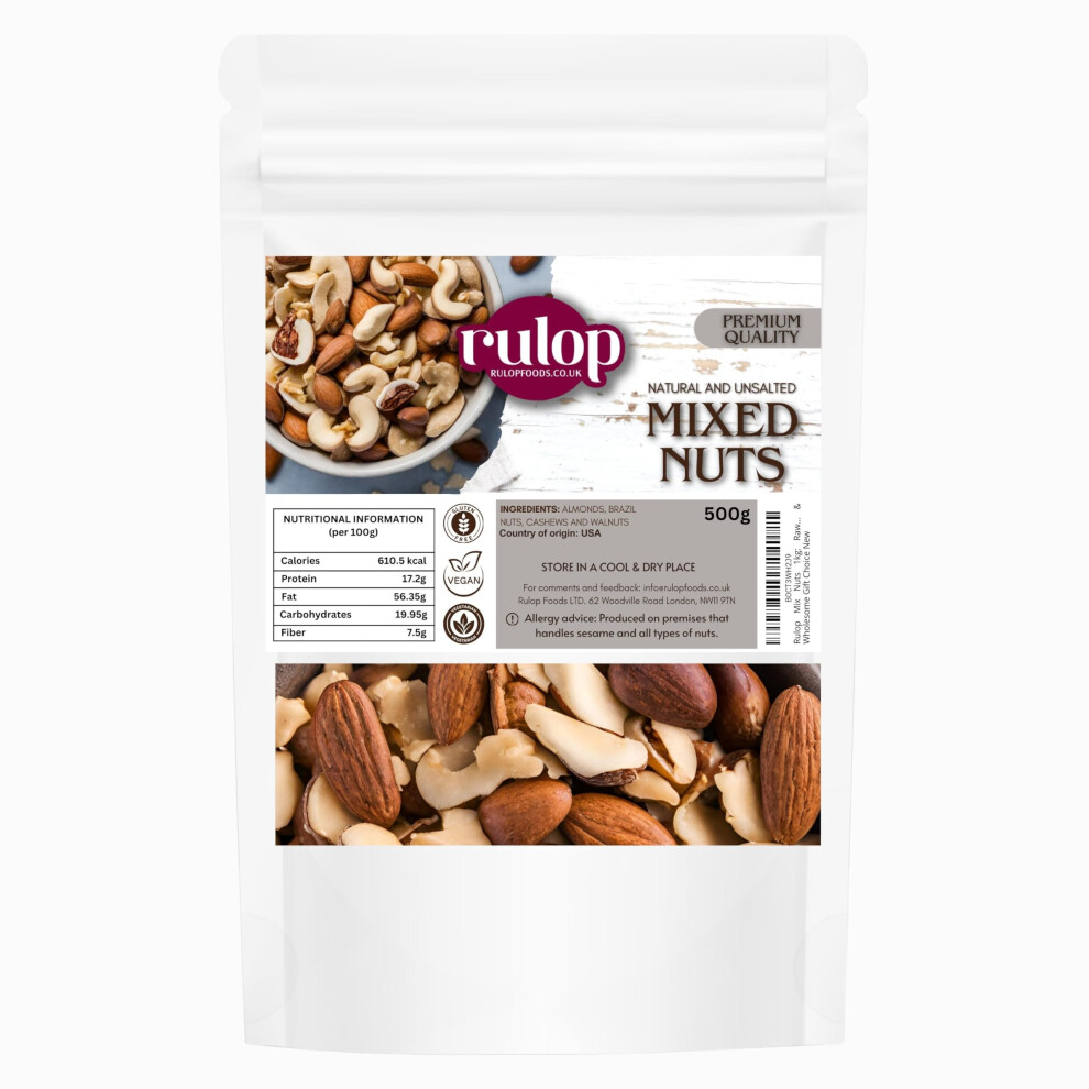 Rulop Mix Nuts 500G: Raw & Unsalted Cashews, Almonds, Walnuts, Brazil Nuts - Nutritious Vegan, Keto, Vegetarian Snack Mix, Bulk Diet Treat & Wholesom