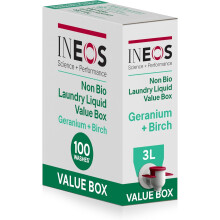 INEOS Next Gen Non Bio Laundry Washing Liquid Detergent, Stain Removal for Clothes, Plant Powered, Eco value box Geranium + Birch 3L, Stress Relievin