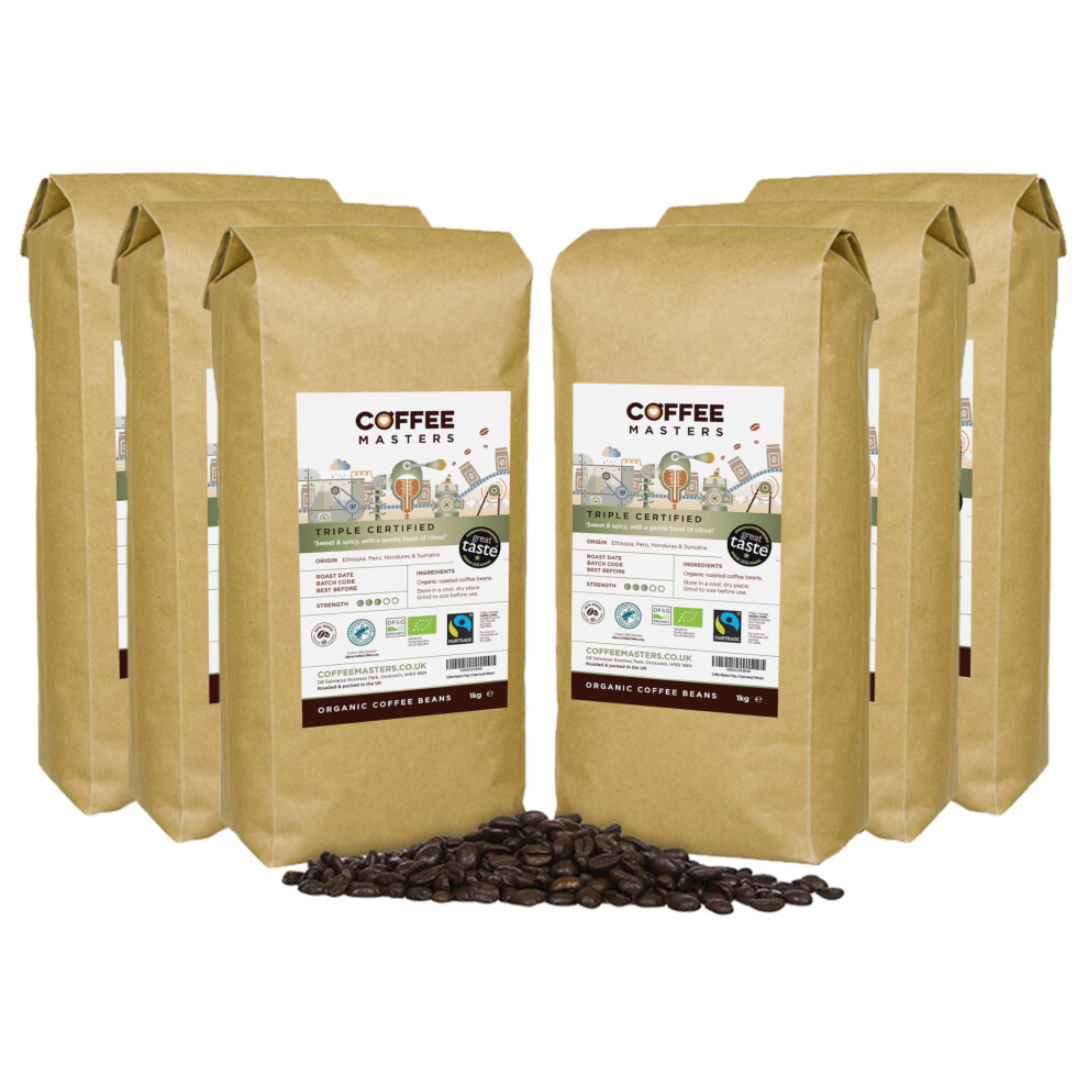 Coffee Masters Triple Certified Arabica Coffee Beans 6X1kg Fairtrade Organ