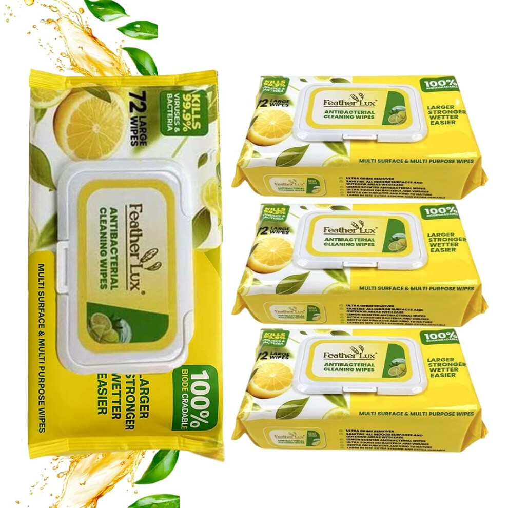 Feather Lux Cleaning Wet Wipes Pack Of 4 72 Lemon Scent – Multisurface Antibacterial
