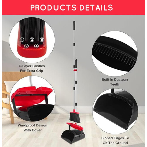 BH  Broom and Dustpan Set  Long Handle  Comb Teeth  Upright Sweeping Brush 2
