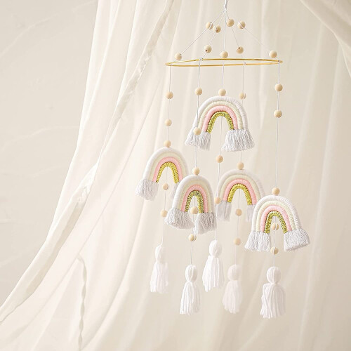 Γούρι αυτοκινήτου Rainbow, Boho Rainbow κινητό παιδικό δωμάτιο, χειροποίητα κρεμαστά