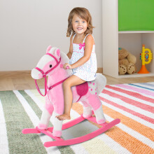 HOMCOM Rocking Horse Toy Plush Wood Pony Riding Rocker Neigh Sound Pink