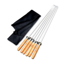 BBQ Skewers Set of 6 Stainless Steel with Non Slip Wooden Handles for Grilling and Camping