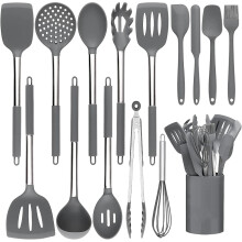 Conjunto de utensílios de cozinha antiaderentes, feitos de silicone resistente ao calor com cabo de aço inoxidável, que não riscam o fundo da