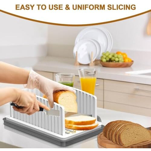 Adjustable bread slicer with crumb tray, foldable handle for uniform homemade bread slices 1