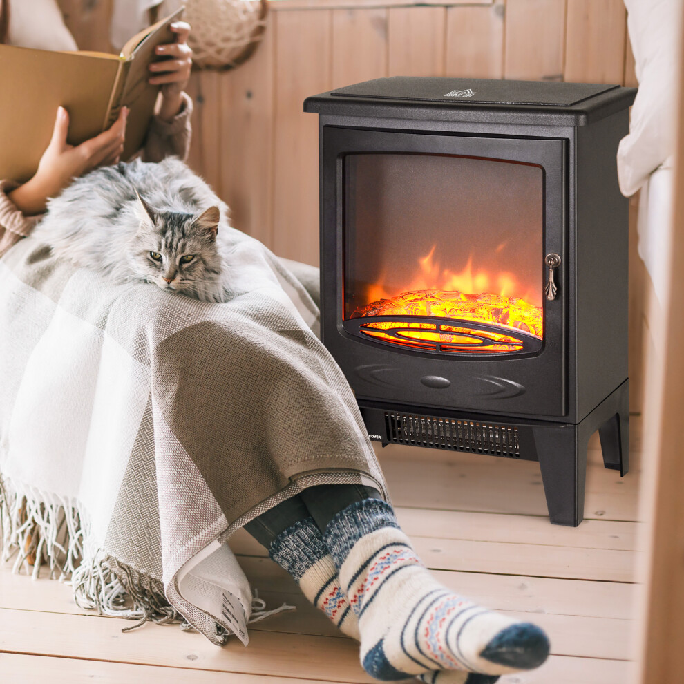 HOMCOM Electric Fireplace Stove Freestanding Log Burner, 1000W/2000W, Black | Portable Electric Fire Fan Heater with LED Flame Effect, Adjustable Thermostat, Glass, Overheat Protection - Image 5