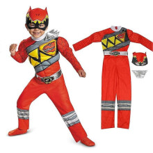 (L (for 130-140cm))Dinosaur Team Red Power Dino Charge Ranger Superhero Muscle Jumpsuits Suits Cosplay Halloween Costume For Kids Child Headgear