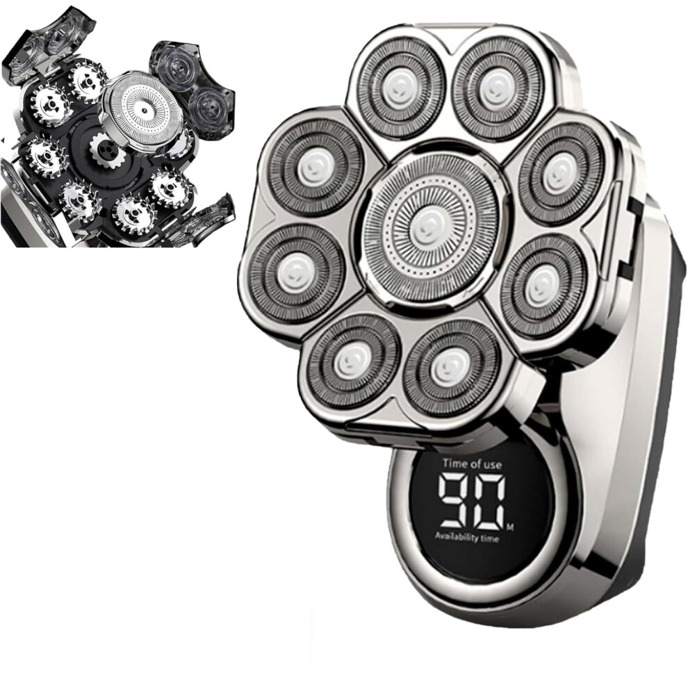 Silver 9D Floating Head Shaver For Bald Men Ipx6 Waterproof Wet Dry Shaving Led Display Usb Charging