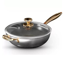 Antibacterial Stainless Steel Wok Pan with Lid, NonStick, ScratchResistant, Double Gold Handle, 34cm