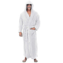(M,White)Flannel Male With Hooded, Thick Warm Gown Robe, Bathrobe Extra Long Kimono