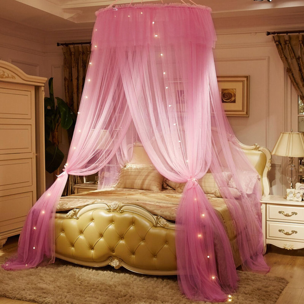 Bed Canopy Round Dome, Double Layer Sheer Mesh, Lace Mosquito Net Curtains, Over Bed, Pink
