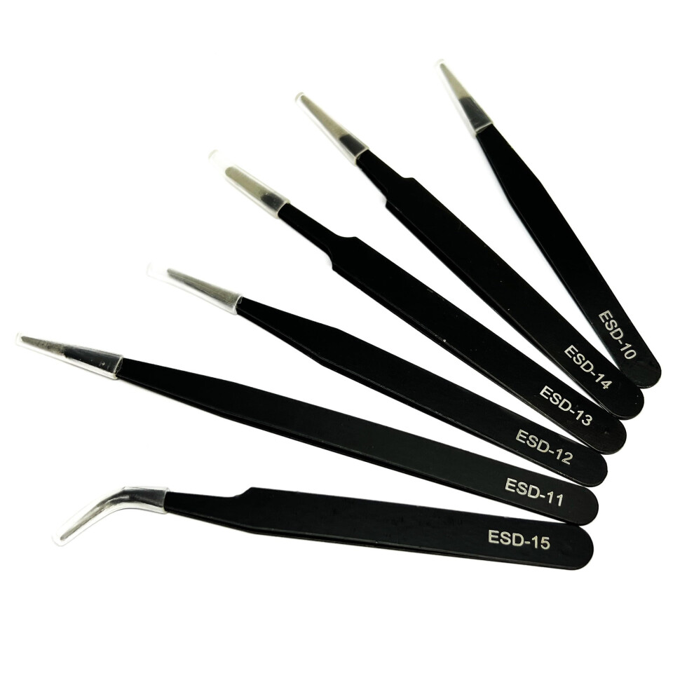 Precision Esd Antistatic Tweezers Set 6Piece, Stainless Steel, Black, Esd Safe Electronics Tools 9412369309105