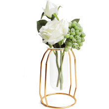 Home Office Decoration Gold Desktop Glass Vase, Hydroponics Vase with Creative Geometric Design Metal Frame, Clear Vase with Gold Electroplating for T