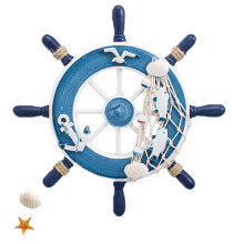 Maritime Wooden Steering Wheel Fishnet Steering Wheel Decoration for Wall Decoration (Blue)