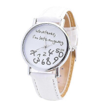 (White) Sijiali Women Whatever Im Late Anyway Letter Round Dial Faux Leather Strap Quartz Watch Fast