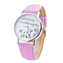 (Pink) Sijiali Women Whatever Im Late Anyway Letter Round Dial Faux Leather Strap Quartz Watch Fast