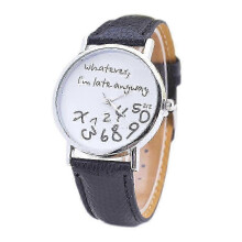 (Black) Sijiali Women Whatever Im Late Anyway Letter Round Dial Faux Leather Strap Quartz Watch Fast