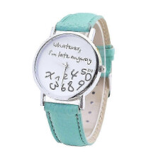 (Green) Sijiali Women Whatever Im Late Anyway Letter Round Dial Faux Leather Strap Quartz Watch Fast