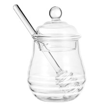 250ml Glass Honey Jar with Lid and Drip Wooden Dipper for Kitchen and Dining