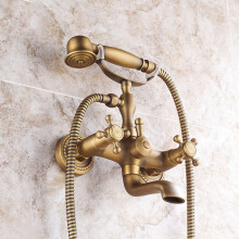 Vintage Style Bath Taps Brass Wall Mounted Shower Mixer Taps With Diverter Valve, Antique Finish, Includes Shower Head