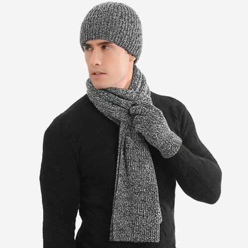 (grey) Winter Warm Men's Wool Beanie Hat Scarf Gloves Set 2