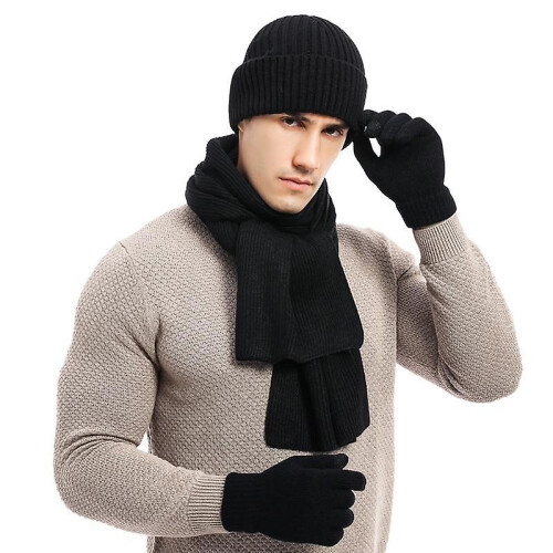 (grey) Winter Warm Men's Wool Beanie Hat Scarf Gloves Set 1