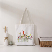 Embroidery Set Beginner Bag, Floral Pattern Canvas with Hoop, Threads, Needles (White)