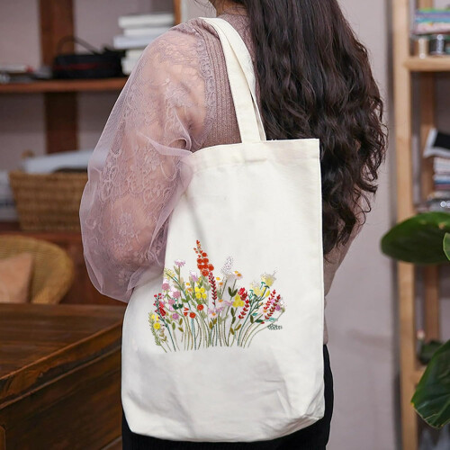 Embroidery Set Beginner Bag, Floral Pattern Canvas with Hoop, Threads, Needles (White) 1