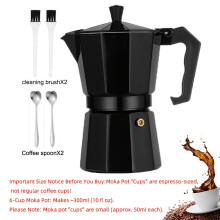 (Black, 6 cups   cleaning brush   spoon) Italienische Moka-Kanne mit 2 Reinigungsbürsten, 2 Kaffeelöffeln – Espressomaschinen für den Herd