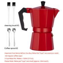 (Red, 3 cups   cleaning brush   spoon) Italienische Moka-Kanne mit 2 Reinigungsbürsten, 2 Kaffeelöffeln – Espressomaschinen für den Herd